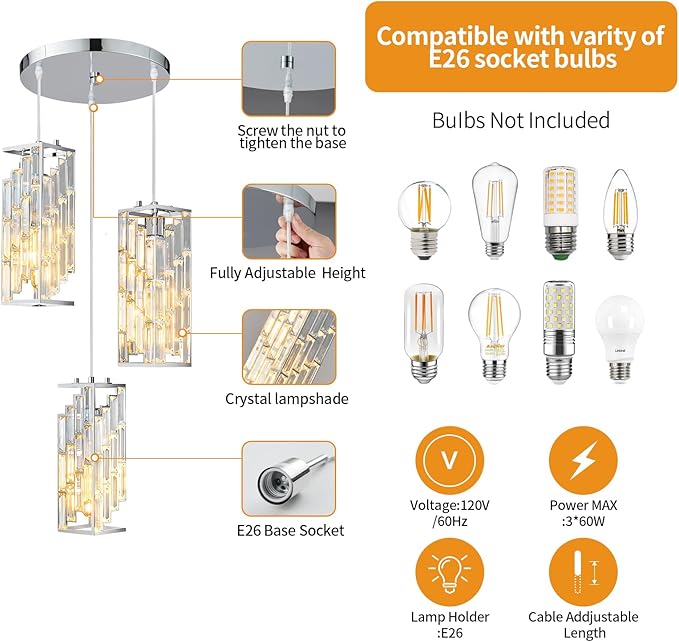 Chrome Pendant Lighting Modern Pendant Light, Mini Crystal Chandeliers,Adjustable Pendant Light Fixture for Kitchen Island Dinning Room Bedroom (3 Light)