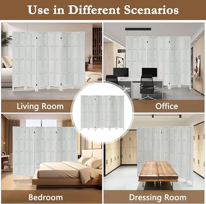 6 Panel Room Divider, 5.6Ft Wood Room Dividers and Folding Privacy Screens, Room Divider Wall Freestanding Room Partitions, Room Dividers Screen for Home Office Restaurant Bedroom, White