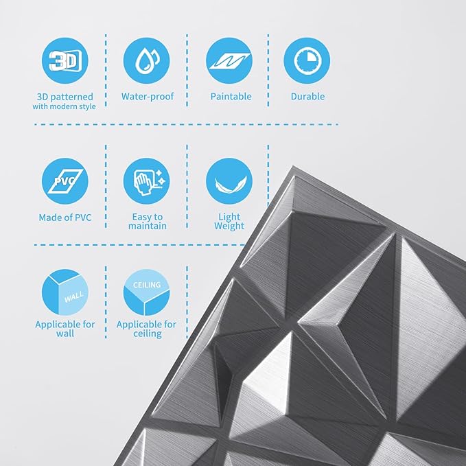 Art3d 3D Diamond Design Paneling for Interior Decor, Living Room, TV Wall Background, Bedroom, Gaming Setup, 11.8" x 11.8", Silver, 33 Pack