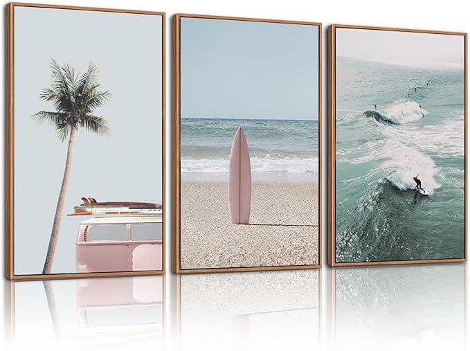 CHDITB Ocean Beach Framed Canvas Wall Art Set, Coastal Surfboard Wall Decor,Summer Coconut Tree Sea Wall Painting, Modern Surfing Art Prints for Living Room, Bedroom, Office- Large Size 24"x36"x3