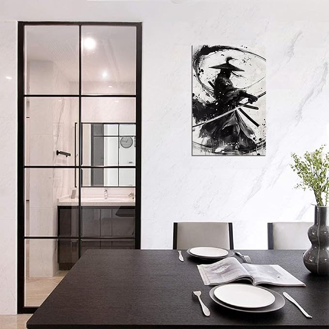 Japanese Samurai Wall Art Black and White Warrior Wall Decor Prints Vintage Japanese Cultural Samurai Pictures Canvas Painting Framed for Living Room Bathroom Bedroom Office (18''W x 24''H)