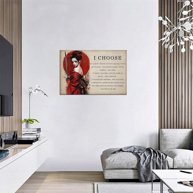 Motivational Japanese Geisha Canvas Wall Art Prints Red Moon Wall Decor Samurai Painting Inspirational Quotes I Choose Poster Framed for Hotel Living Room Bedroom Framed (24''W x 36''H)
