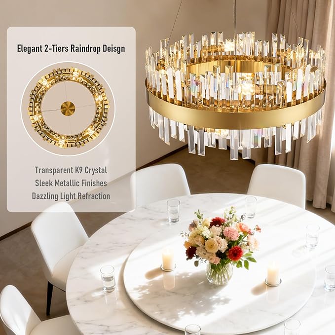 24'' Modern Gold Crystal Chandeliers, 12-Lights K9 Crystal Luxury Raindrop Chandelier Light Fixture,3 Colors Contemporary Pendant Ceiling Light for Dining Room Living Room Entryway Foyer