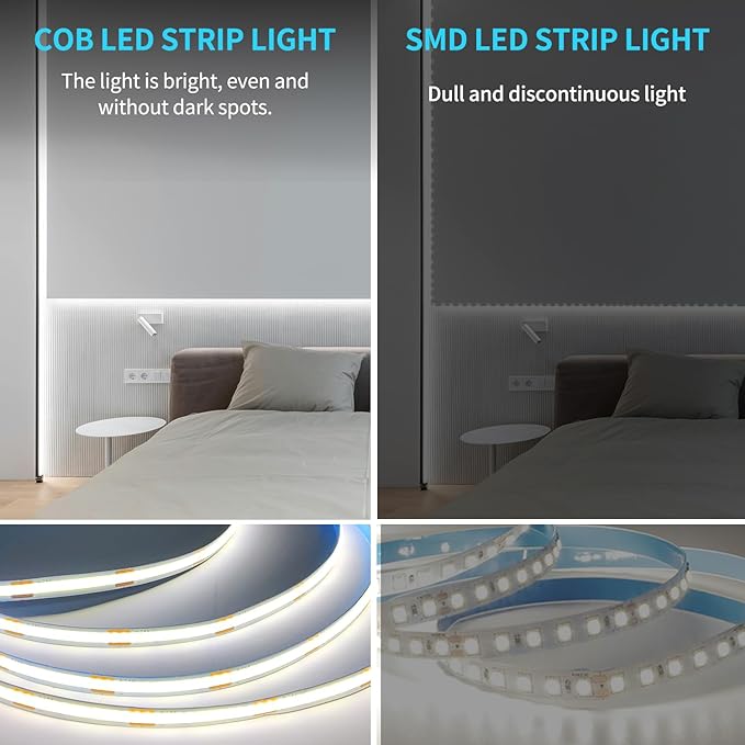COB LED Strip Lights 100ft,6000K DC 24V Dimmable White Flexible LED Lights Strip for Bedroom,with Remote and app Control LED Rope Lights for Living Room,Shelf,Cabine,Bed