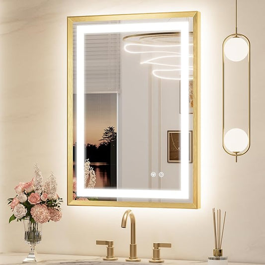 Keonjinn 22 x 30 in Gold LED Mirror with Frontlit & Backlit, Lighted Mirrors for Bathroom Wall, Modern Brushed Frame Beveled Edge, Tempered Glass, 3 Color Lights, Defogging, Dimmable, Memory Function