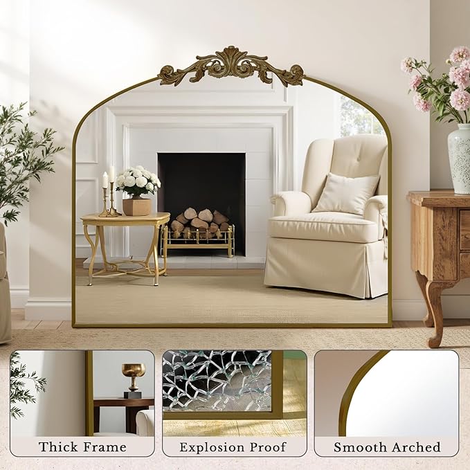 MISSDAY Vintage Arched Baroque Mirror for Wall, 36"X30" Antique Wall Mirror with Elegant Carving Top, Full Metal Frame Wall-Mounted Mirror for Bathroom, Living Room, Fireplace, Entryway, Retro Bronze