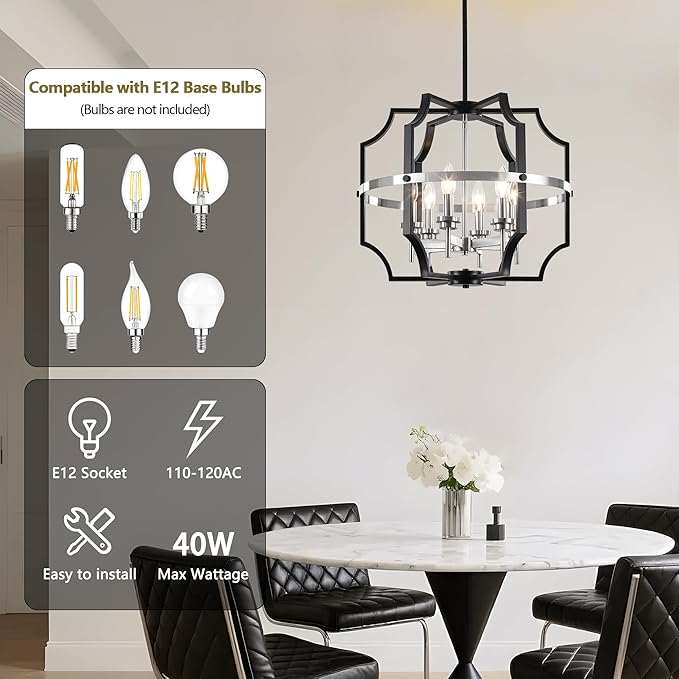 19.7'' Modern Chandelier 6-Light Black and Brushed Nickel Dining Room Light Fixture, Adjustable Industrial Drum Hanging Pendant Lights for Kitchen Island Hallway Entryway Foyer