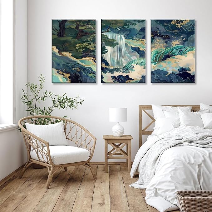 3Pcs Framed Japanese Canvas Wall art Painting Large Waterfall Scenery Poster Print Wrap Canvas Artwork Nature Scenery Abstract Blue Waterfall Zen Art Print Living Room Bedroom Office Decor 12x16 Inch