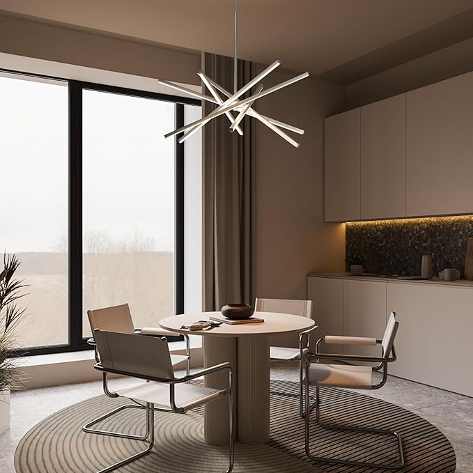 Modern Chandelier Light Fixtures - LED 6-Lights Silver Dining Room Linear Chandeliers Sputnik Pendant Lights Fixture Over Table 3000K 4500K 6000K Dimmable for Living Room Kitchen Island