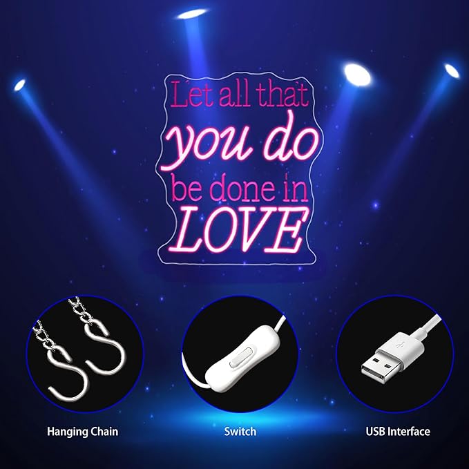 Neon Sign, Let All That You Do Be Done in Love Neon Signs for Wall Decor Neon Pink LED Signs Room 3D Engrave Neon Light Up Signs Home Decor for Bedroom Club Party Bars Shop USB Operated