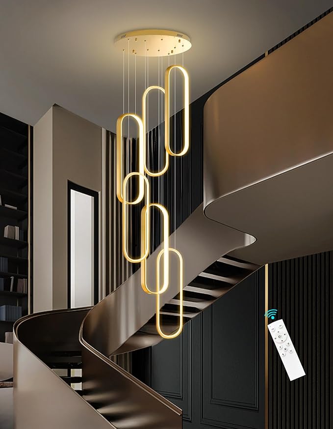 6 Rings Modern Chandelier LED Dimmable Flush Mount Ceiling Light for Foyer Living Room Staircaes Gold