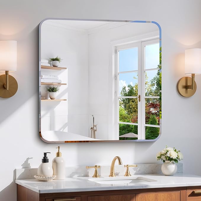 Beveled Mirror 30"x30", Square Frameless Bathroom Mirror Rounded Corner, Framless Vanity Mirror Shatterproof Tempered Glass Lightweight Design for Bedroom Living Room Entryway