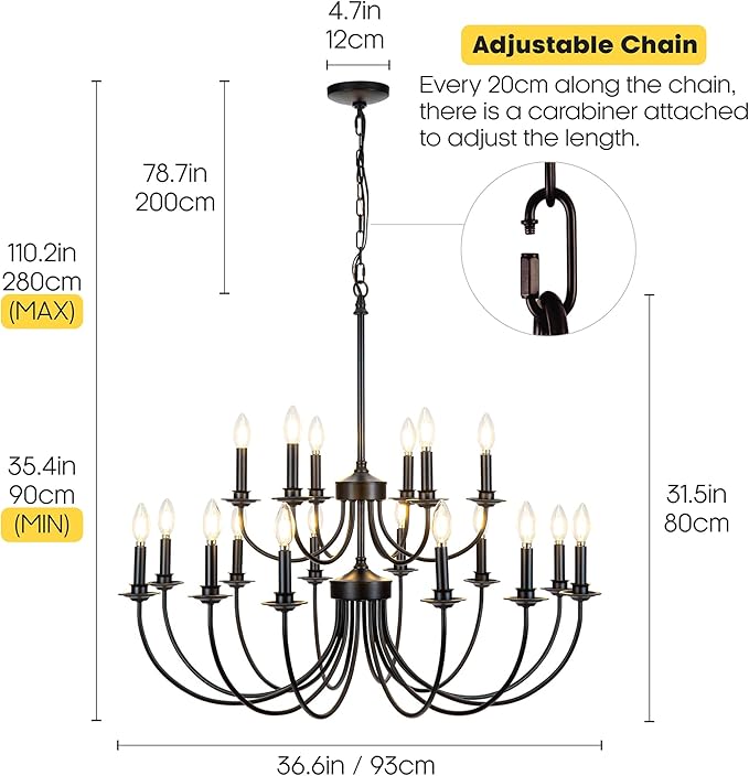 18-Light 2-Tier Black Farmhouse Vintage Chandelier, Retro Farmhouse Country Style Industrial Large Round Pendant Light Fixture