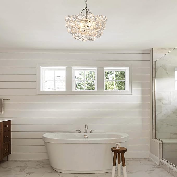 Nordic Bubble Ball Swirled Modern Chandelier,Dia 20 Inch Bubble Lighting, Nickel and Clear Glass Lighting with Chandelier Light,for Bedroom Study Restaurant