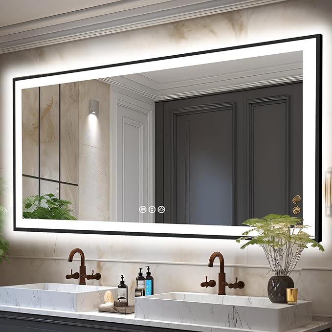84x32 LED Bathroom Mirror, Black Aluminum Framed, Backlit + Front-Lit, 3 Colors Temperature Changeable, Dimmable Vanity Mirror, Tempered Glass, Defog, Waterproof, Memory (Horizontal/Vertical)