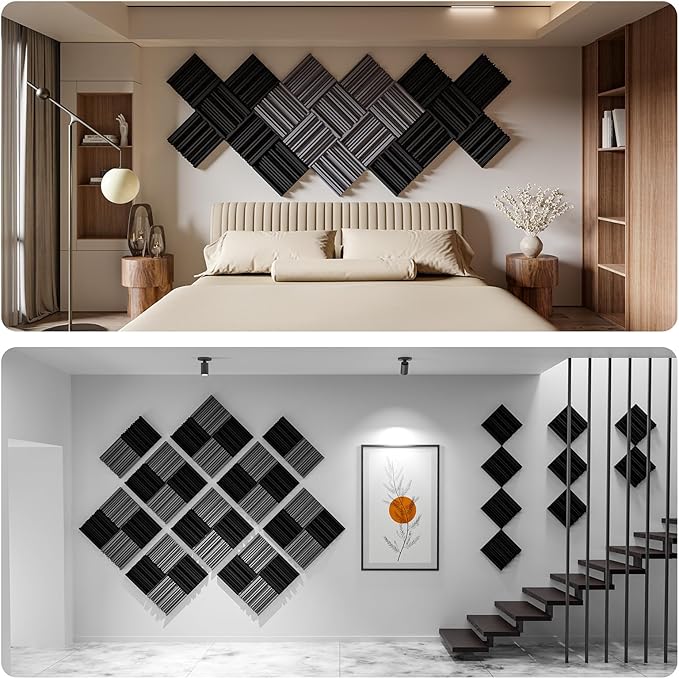 12 Pack Self-Adhesive Sound Proof Foam Panels,12 X 12 X 2 inches Acoustic Foam,High Resilience Sound Proofing Padding for Wall,Sound Absorbing Panels Suitable for Home Studios, Offices - Black