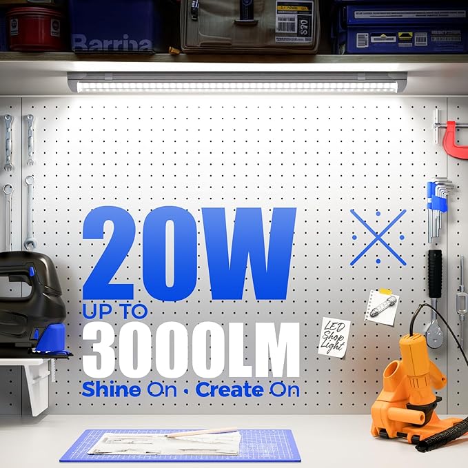 Barrina 5000K 2FT LED Shop Light, 3000LM, 20W, T8 Shop Lights for Garage, Workbench, Cabinet, Workshop, Room, LED Tube Lights, Linkable Ceiling Light Fixture with Built-in ON/Off Switch, ETL, 4 Packs