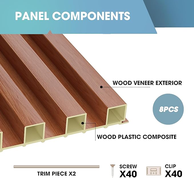 OUZUGIE WPC Acoustic Slat Wall Paneling, 8-Pack 114 x 6 Inches 3D Wall Panels for Interior Wall Decor,Living Room,TV Background,Study Room,Office Spaces,Bedroom,High Grille (Teak)