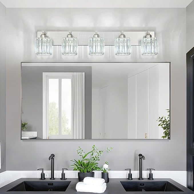 Modern Vanity Light 5-Lights Brushed Nickel Vanity Light Crystal Bathroom Wall Light Bathroom Light Fixtures