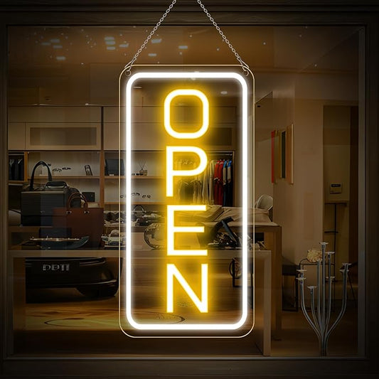 22.8"x 11.8" Ultra Bright 12V Neon Open Sign for Business, LED Open Neon Sign, Electric Light up Signs for Stores, Restaurants Offices Retail Shops Window (Yellow-White-Vertical)