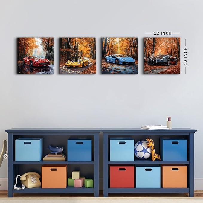 Lamborghini Wall Art Cool Car Posters for Boys Room Decor Rustic Fall Nature Forest Pictures with Sports Vehicle Painting Canvas Print Artwork Living Room Bedroom Office Dorm Home Decoration 12x12" 4P