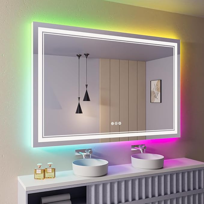 60x40 Inch RGB LED Bathroom Mirror with Lights, Color Changing RGB Backlit LED Mirror for Bathroom,Lighted Vanity Mirrors for Bathroom Wall, Dimmable, Anti-Fog (RGB Backlit+Front-Lit)