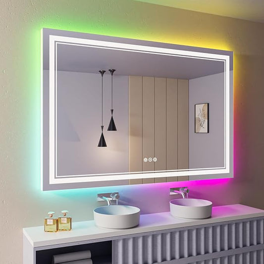 60x40 Inch RGB LED Bathroom Mirror with Lights, Color Changing RGB Backlit LED Mirror for Bathroom,Lighted Vanity Mirrors for Bathroom Wall, Dimmable, Anti-Fog (RGB Backlit+Front-Lit)