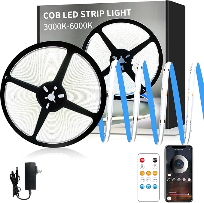 50FT COB LED Strip Lights 6000K White Dimmable DC 24V Flexible LED Tape Light for Bedroom, with Remote and app Control LED Light Strip,for DIY Home Decoration