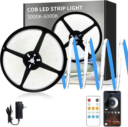 50FT COB LED Strip Lights 6000K White Dimmable DC 24V Flexible LED Tape Light for Bedroom, with Remote and app Control LED Light Strip,for DIY Home Decoration