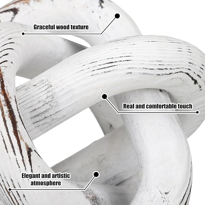 3 Link Wood Knot Decor - Hand Carved Coffee Table Decoration, Boho Chain Link Decor, Modern Shelf, Rustic Objects for Home Living Room Bedroom(Retro White)