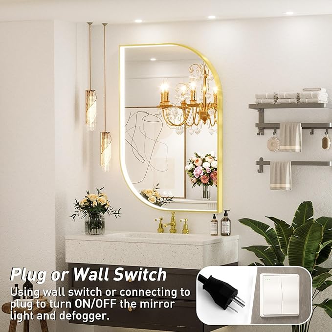 24X36 Inch LED Mirror for Bathroom with Lights,Gold Frame Lighted Irregular Asymmetrical Unique Vanity Wall Mirror,Anti-Fog,Dimmable