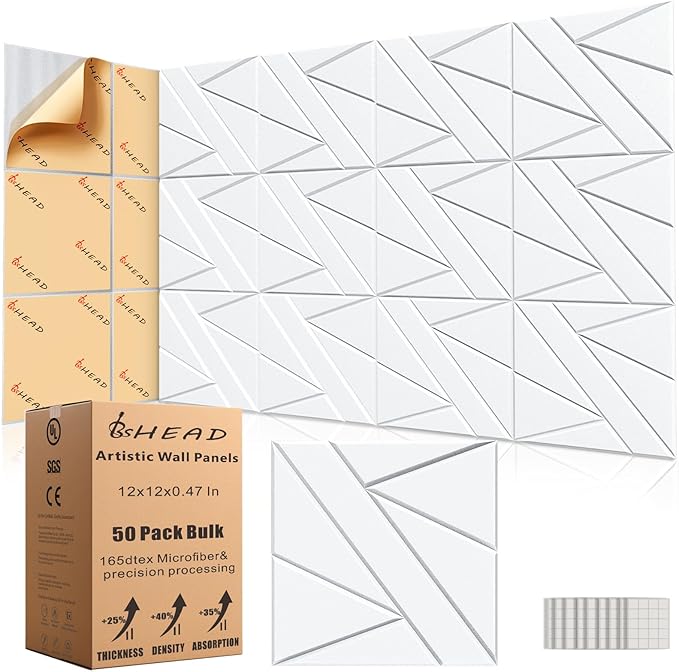 50 Pack Bulk Self-Adhesive Soundproof Wall Panels, 12 x 12 x 0.47 in Sound Proof Foam Panels for Walls, 1.2lb/ft³ High Density, Thicker 0.47in, Acoustic Panels, Duty for Large Walls White