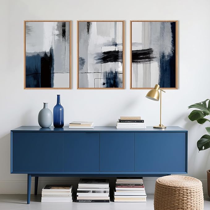 Abstract Blue and Gray Framed Canvas Print Wall Art Set,Modern Neutral Geometric Line Wall Decor,Minimalist Navy Blue Pastel Grunge Brush Strokes Artwork for Living Room,Bedroom-16 x24 x3