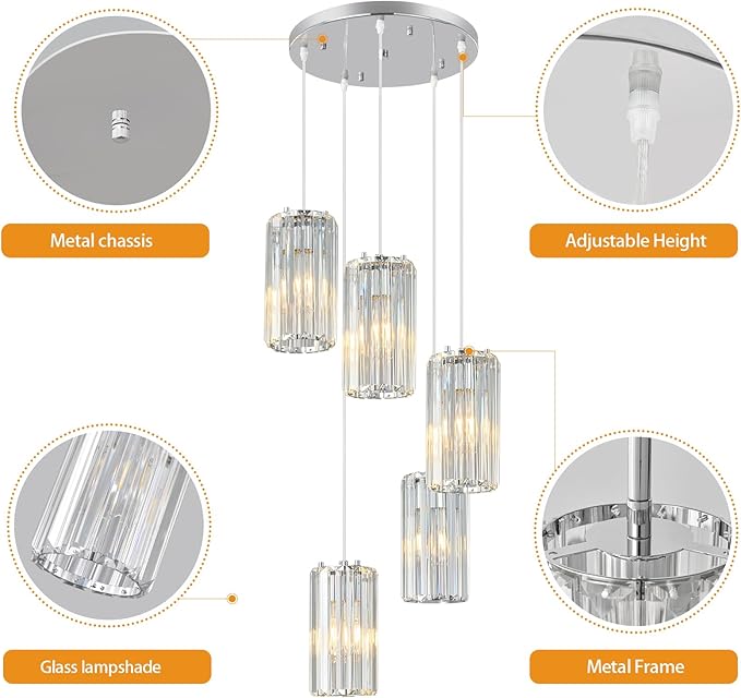 Chrome Pendant Lighting Modern Pendant Light, Mini Crystal Chandeliers,Adjustable Pendant Light Fixture for Kitchen Island Dinning Room Corridor Bedroom…(Gold 5-Light)