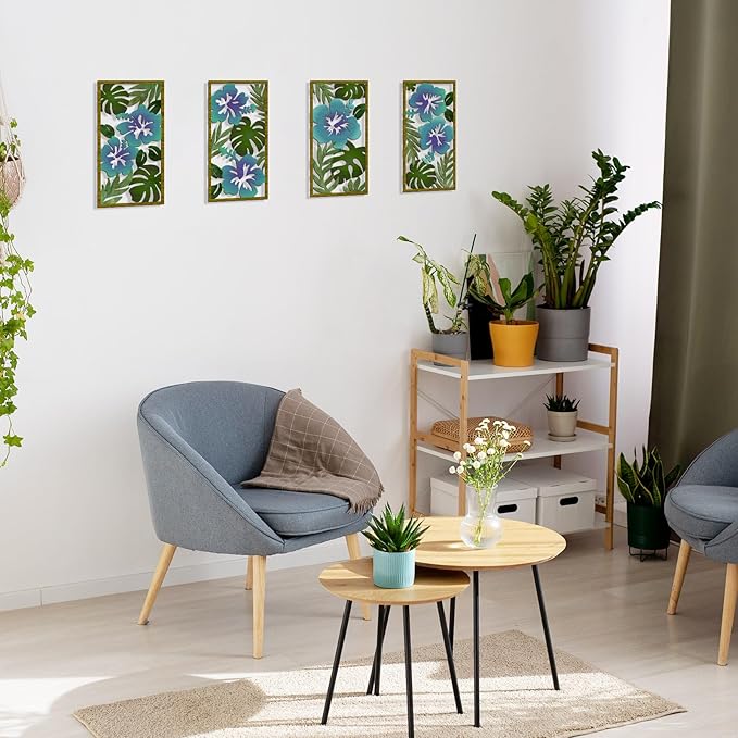 4 Pcs Tropical Wall Decor Cutout Wooden Palm Leaf Wall Art Minimalist Monstera Sculptures Wood Hibiscus Flowers Hanging Decor Vintage Plant Plaque for Home Bathroom Office (Fresh)