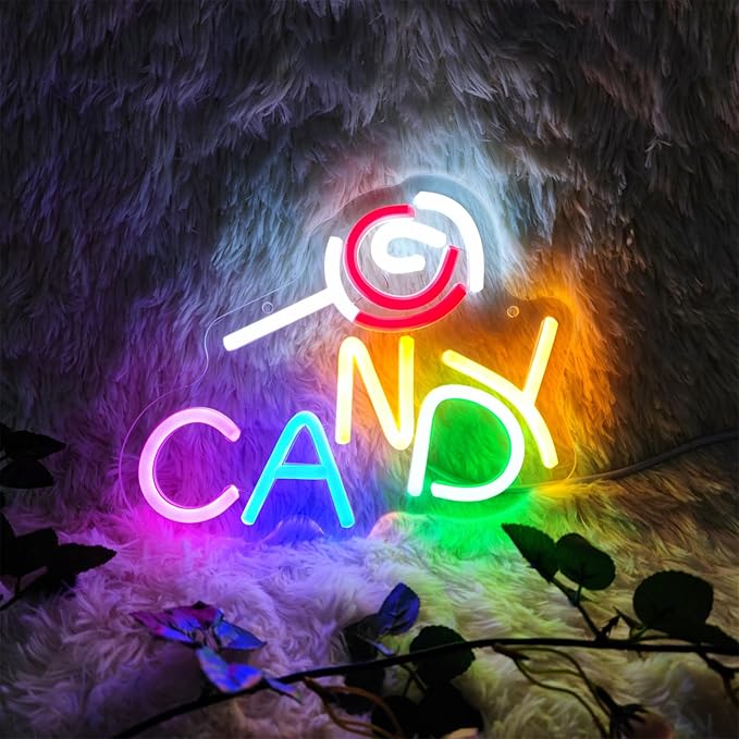 Candy Neon Sign Candy Bar Signs Candy Shop Neon Candy Sign Cherry Neon Sign Candy Display Snack Sign for Snack Sweet Shop Bedroom Birthday Party Decoration, 9.8"" x 8.1""