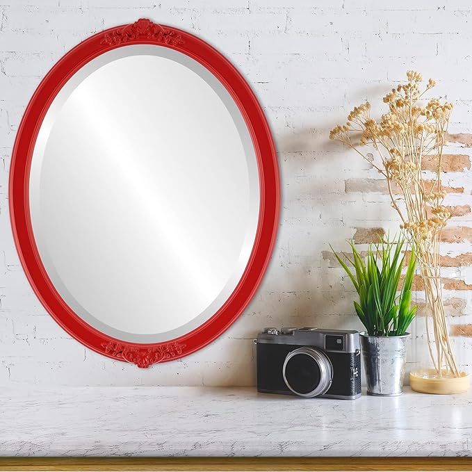 OVALCREST Oval Beveled Wall Mirror for Home Decor - Athena Style - Holiday Red - 26" x 22" Outside Dimensions