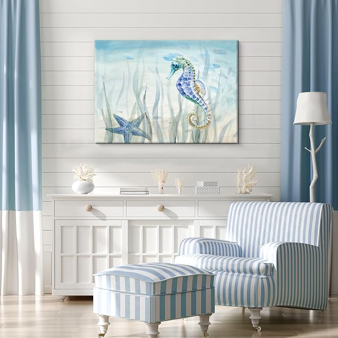 Ocean Wall Art Sea Life Wall Decor Costal Watercolor Seahorse Painting Blue Sea Animal Pictures Starfish Canvas Artwork for Bathroom Bedroom Home Decoration 36x24Inch