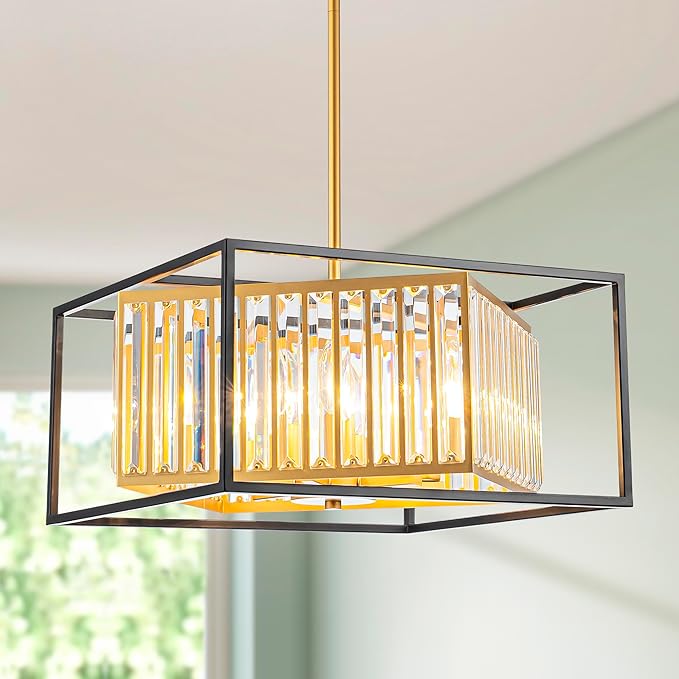 6-Light K9 Crystal Chandelier, Modern Style Pendant Light Fixture for Dining Room, Living Room, L16.5*W16.5*H17~47 inch (Adjustable Height), Gold & Black Finish Frame