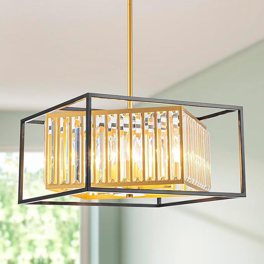 6-Light K9 Crystal Chandelier, Modern Style Pendant Light Fixture for Dining Room, Living Room, L16.5*W16.5*H17~47 inch (Adjustable Height), Gold & Black Finish Frame