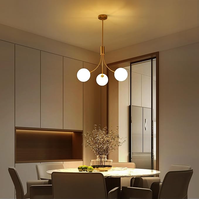 3-Light Modern Farmhouse Gold Chandeliers for Dining Room, Mid Century Pendant Lights Kitchen Island, Globe Sputnik Chandelier for Entryway Living Room Bedroom Office Bathroom