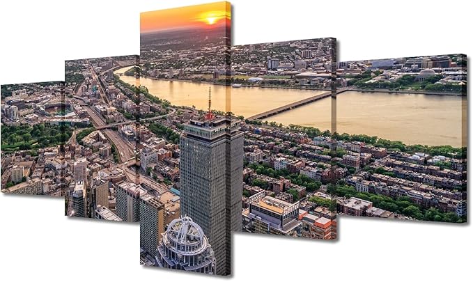 5 Piece Boston Skyline Black and White Wall Art Cityscape Skyscraper Panoramic Poster Prints on Canvas Boston Dusk Landscape Wall Decoration for Living Room Home Decor Ready to Hang (50"Wx24"H)