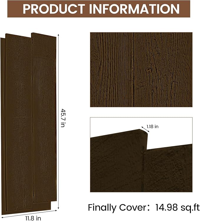 KASARO PU Faux Wood Wall Panels, 4 Pieces 3D Wainscoting Panel Accent for Interior Or Exterior Decor, 45.7 × 11.8 inch, Rustic Wood Brown
