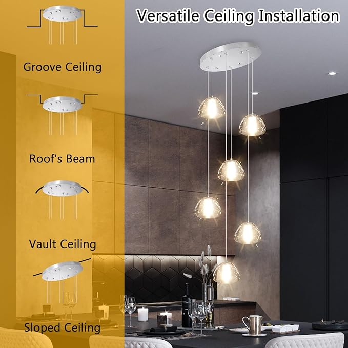 6-Lights Pendant Lighting for Entrance Modern Crystal Chandeliers LED Crystal Hanging Lights for Dining Room Bedroom Foyer Staircase Living Room 3000K