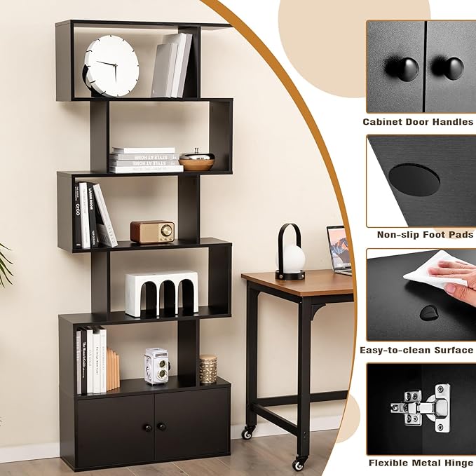 6-Tier Geometric Bookcase Set of 2, 72” Freestanding Room Divider Bookshelf with Open Display Shelves & Storage Cabinet, Wood S-Shaped Storage Organizer for Living Room, Bedroom & Home Office