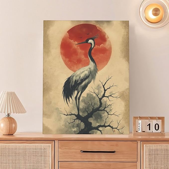 Japanese Crane Wall Art Oriental Asian Wall Decor Sandhill Crane Canvas Pictures Paintings Prints Japan Traditional Aesthetic Artwork Framed Chinese Decorations For Bedroom Living Room Office Gifts 12" x 16"