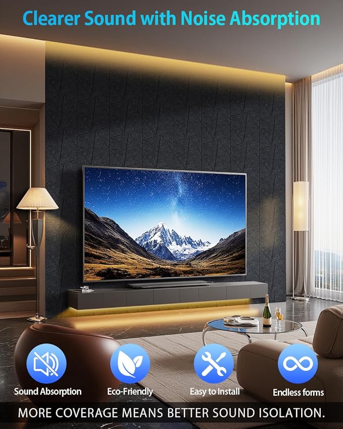 12 Pack Acoustic Wall Panels Self-Adhesive, 12" X 12" X 0.5" Decorative Acoustic Panels, Soundproof Wall Panels for Studio, Home & Living Room, Polyester - Triangle Black