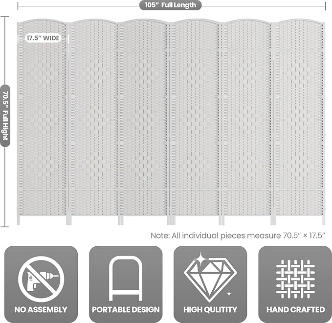 6 Panel Room Divider,6Ft Folding Privacy Screen,Tall - Extra Wide Foldable Panel Partition Wall Divider with Diamond Double-Weaved Hand-Woven Design Room Screen Divider