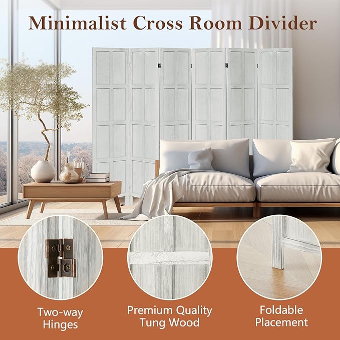 Classic 6 Panel Room Divider and Folding Privacy Screen, 5.6Ft Wood Room Divider Wall, Partition Screen Divider for Room Separation for Bedroom, Home Office, Dressing Room, White