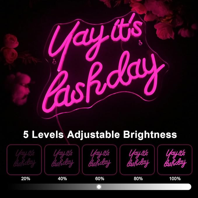 Lucunstar Yay It's Lash Day Neon Sign Pink Led Light USB Connectivity Led Neon Sign with Dimming Switch for Home Wall Decor Girls Room Party Room Decor